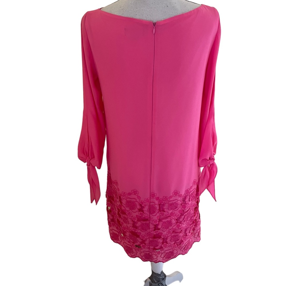 Tahari ASL Bubblegum Pink Shift Dress with Long Tie Sleeves and Lace Hem - Picture 7 of 10